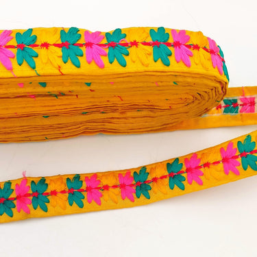 Yellow Cotton Fabric Trim with Floral Embroidery in Blue, Pink, Yellow and Red